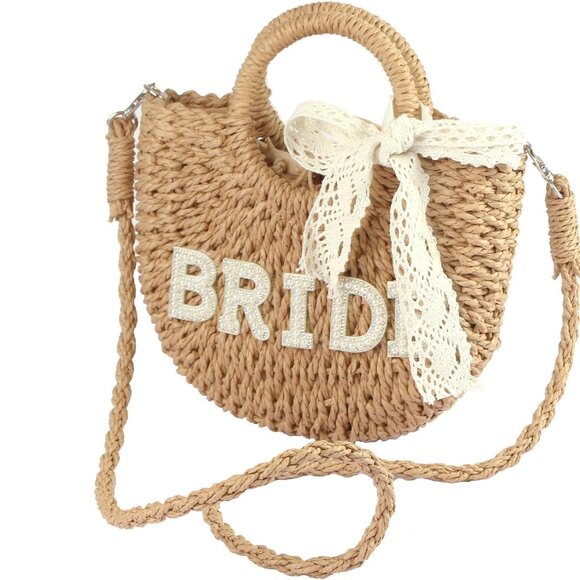 Women's Khaki Straw Wedding Bridal Mini Drawstring Crossbody Bag For Beach Holid - Picture 1 of 9
